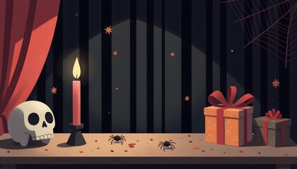 Spooky Halloween Decor with Skull, Candle, and Gifts on Table in Dark Room