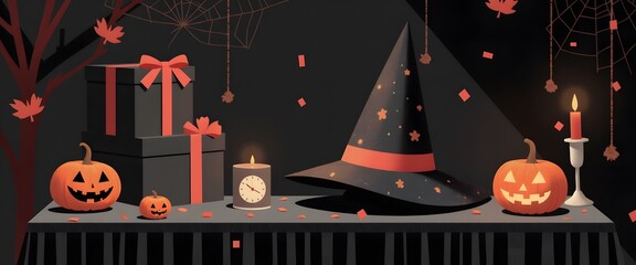 Halloween Decorations with Pumpkins, Candles, Witch Hat, and Gifts on Table