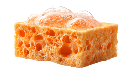 Orange cleaning sponge with soap bubbles texture close up