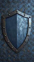 A rusted metallic shield covers a blue diamond-plate background. This image exudes strength and protection.