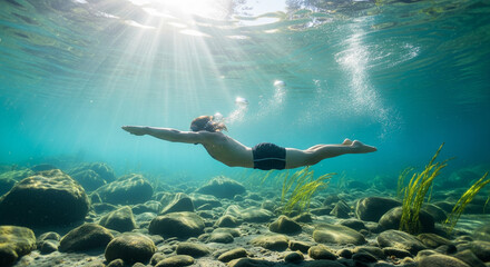 Man swimming underwater in clear water
