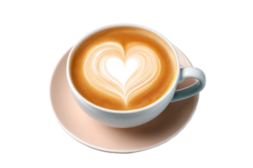 hot coffee cup latte with heart shaped latte art milk foam on white saucer illustration transparent background, PNG
