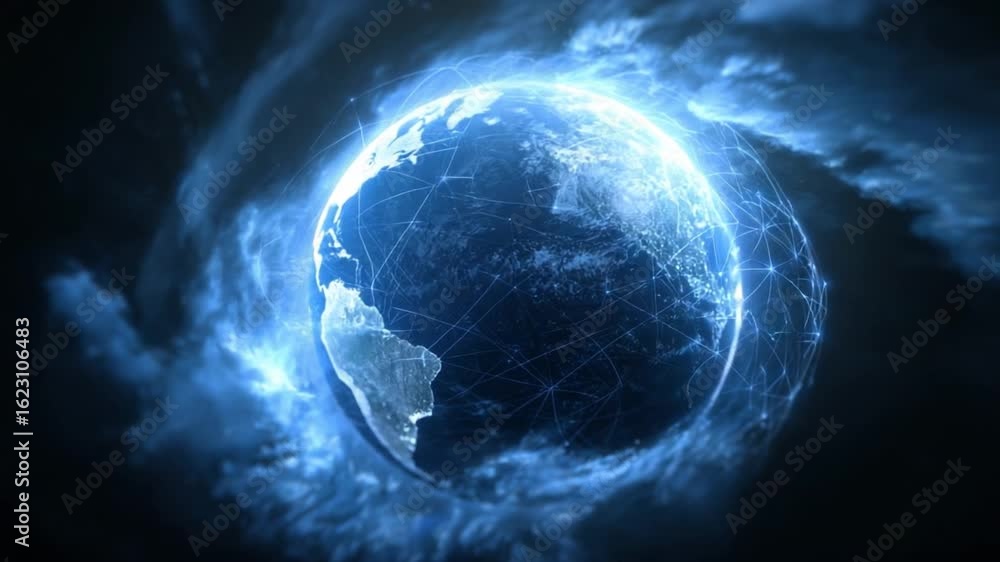 Poster global connectivity in motion: a mesmerizing digital representation of our planet earth is engulfed 