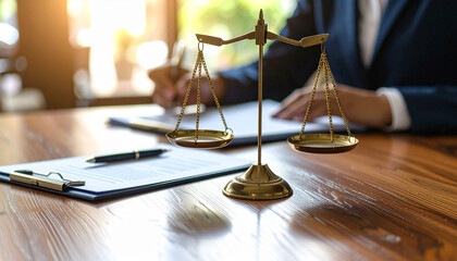 Golden scale of justice placed on a polished wooden desk inside a law office