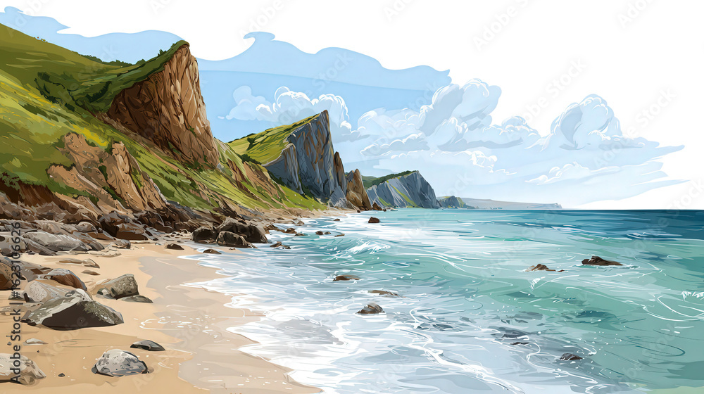 Poster coastal cliffs with ocean view background isolated on a transparent background, png file.
