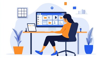 Woman working at a computer in a home office setting.