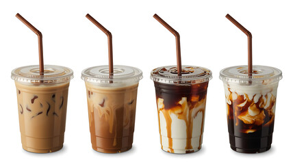 Four refreshing iced coffee drinks with straws and various toppings on a white background
