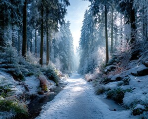 Snowy forest path in winter sunlight