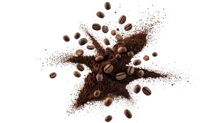 Dynamic explosion of roasted coffee beans and dark ground coffee powder against a clean white background