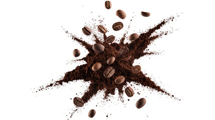 Explosion of roasted coffee beans and ground coffee powder captured in mid air against a white background