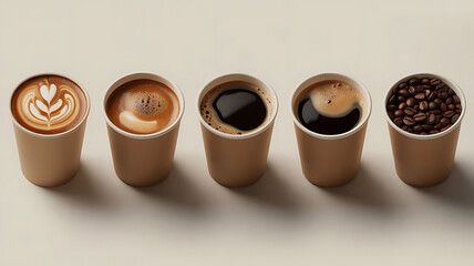 Five paper cups showcasing a coffee progression from latte art to roasted beans