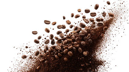 Explosion of roasted coffee beans and fine coffee grounds captured mid air against a clean white background