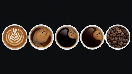 Five oval white cups arranged in a row showcasing different stages of coffee preparation and roasted beans