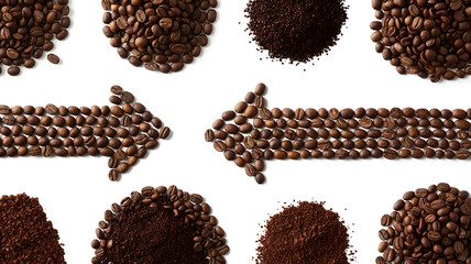 Two directional arrows made of roasted coffee beans pointing towards each other on a white background