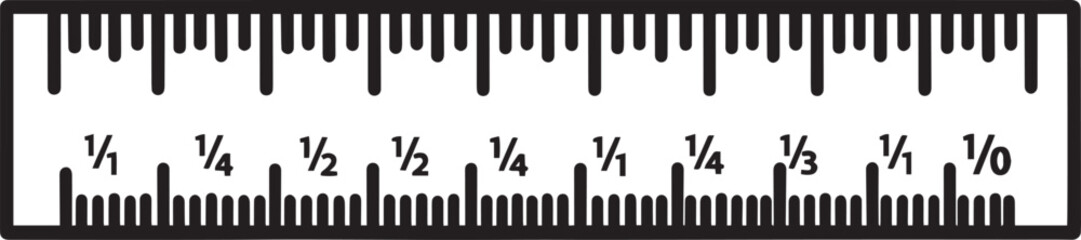 Illustration of a ruler with fractional inch markings isolated on white background