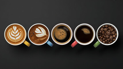 Five cups of coffee arranged in a row showcasing latte art espresso and roasted coffee beans