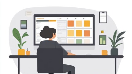 Person working at a computer with a grid of color swatches displayed.