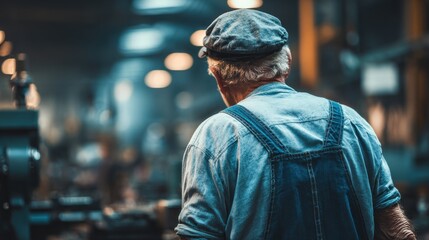 Fototapeta premium Senior worker in denim overalls in industrial factory setting