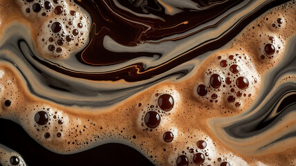 Close up abstract macro view of rich dark coffee with creamy foam and swirling patterns