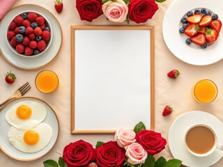 A vibrant breakfast spread featuring fresh fruits, eggs, coffee, and roses, arranged around a blank frame for customization.
