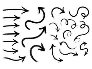 Collection of Hand Drawn Arrows Black Brush Stroke Style on White Background Design Elements for Presentation or Infographic