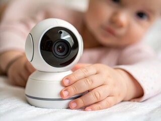 A close-up of a baby reaching for a white camera, highlighting the focus on child safety and monitoring technology.