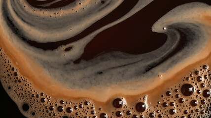 Close up abstract swirling pattern of dark coffee foam with small bubbles and creamy texture