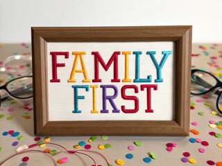 A framed embroidery piece displaying the words "FAMILY FIRST," surrounded by colorful confetti and glasses.