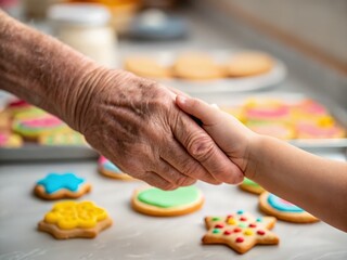 A warm moment of connection between an elderly hand and a child's hand, surrounded by colorful decorated cookies on a countertop.