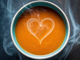A steaming bowl of soup with a heart-shaped design in the froth, evoking warmth and comfort.