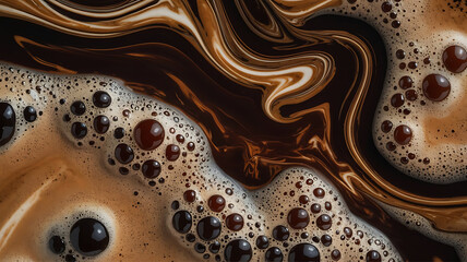 Close up macro view of rich dark coffee with creamy foam and swirling patterns creating abstract textures