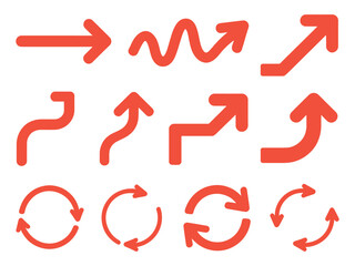 Collection of Red Arrow Icons Representing Direction Flow Movement and Navigation in Simple Graphic Style