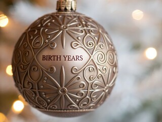 A decorative Christmas ornament featuring intricate designs and the phrase "BIRTH YEARS," illuminated by soft background lights.