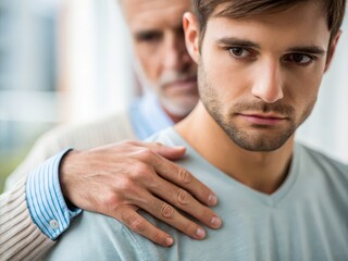 A tense moment captures a young man in contemplation, as an older figure offers a comforting touch on his shoulder, suggesting a deep emotional connection.