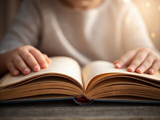 A child's hands gently rest on an open book, creating a warm, inviting ambiance that emphasizes the joy of reading and exploration.