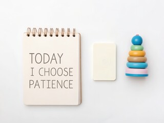 A minimalist setting featuring a notebook with the phrase "Today I choose patience," a card, and a colorful stacking toy.