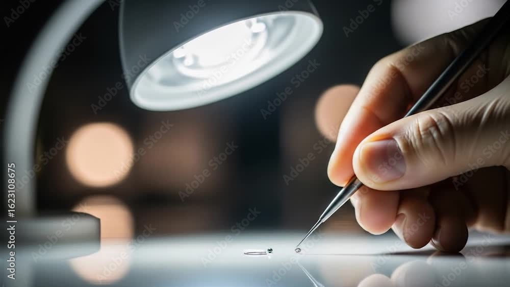 Poster precision microassembly: hand manipulating tiny components under bright lamp light
