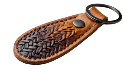 Custom Engraved Leather Keychain background isolated on a Transparent background, PNG file.