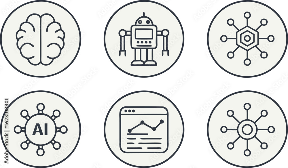 Aufkleber flat minimal ai technology icons ai brain robot.