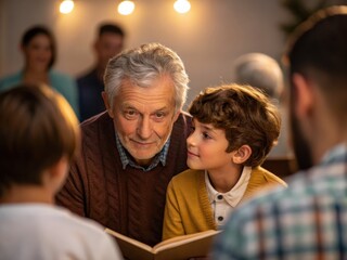 A warm scene of a grandfather reading to a captivated child, surrounded by family, highlighting the bond of storytelling and connection across generations.