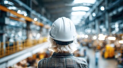 Senior worker inspecting manufacturing facility with hard hat