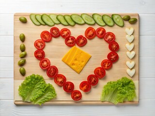 A heart-shaped arrangement of fresh vegetables and cheese on a wooden cutting board, showcasing a colorful and healthy culinary creation.