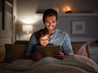 A warm, cozy scene of a father and son enjoying quality time together while watching a tablet in bed, illuminated by soft light in a relaxed atmosphere.