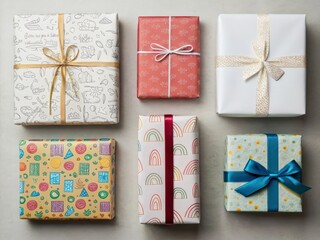 A collection of beautifully wrapped gift boxes in various patterns and colors, arranged neatly on a light background.