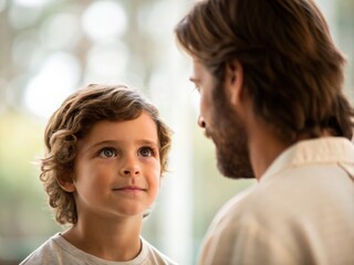 A boy gazes up at a man with a warm expression, creating a tender moment that reflects connection and trust.