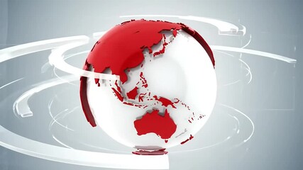 Red continents on a white globe with abstract white shapes in the background - Powered by Adobe