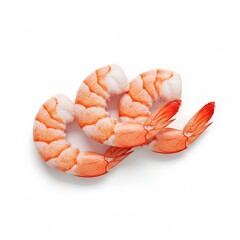Three fresh cooked and peeled shrimp with tails. Delicious pink prawns ready for a seafood dish, isolated on a white background.
