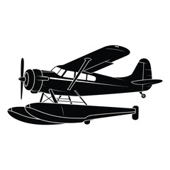 Black and white silhouette of a vintage float plane aircraft