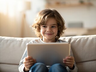 A smiling boy sits on a couch, holding a tablet, enjoying his time in a cozy, well-lit living room.