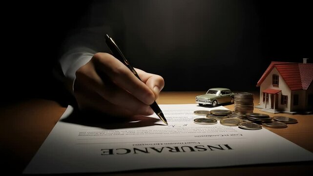 Close-Up of Hand Signing Insurance Document with Car and House Models Representing Assets